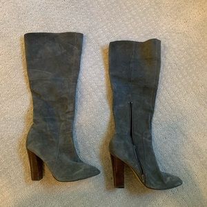 Grey suede stacked heel boots